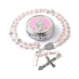 Catholic Town 6mm Glass Pearl Beads with 8mm Our Father Beads with Caps Rosary Pack in Miraculous Metal Gift Box (Available in Blue and Pink colors) (Pink)