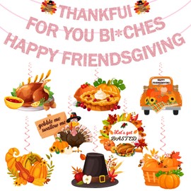 Friendsgiving Party Decorations,Happy Friendsgiving Decorations Includes Pink Thankful for You Banner Thanksgiving Turkey Pumpkin Decorations Hanging Swirls for Friendsgiving Decorations Indoor
