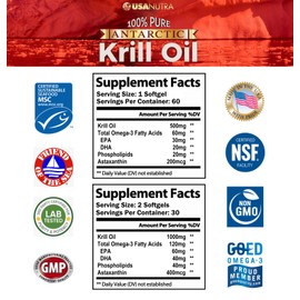 Antarctic Krill Oil Softgels 100% Pure with Omega-3 EPA DHA Astaxanthin 1000mg per Day (2 Softgels). Made in The USA