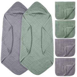 VitalCozy 6 Pcs Baby Muslin Hooded Bath Towels and Washcloths, 32 x 32 Inch Muslin Cotton Hooded Baby Towels Absorbent Blankets for Gift Newborn Infant Shower(Green, Gray)