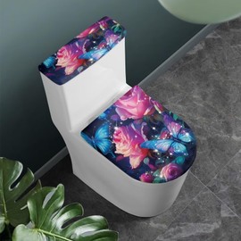 Oamsistay Butterfly Rose Toilet Lid Cover and Toilet Tank Lid Cover Stretchable Toilet Lid Cover Round for Bathroom Elongated Toilet Lid Cover Dust Cover Machine Washable