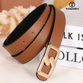TRIWORKS Women Skinny Reversible Leather Belt for Jeans, Ladies Thin Waist Belt with Gold Buckle 0.9" Width, D-Black/Brown