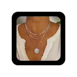 IRCOMULTI Bohemia Layered Silver Disc Necklace Choker Hammered Disc Pendant Necklaces Layering Paperclip Chain Necklace Round Coin Chain Necklace Jewelry for Women