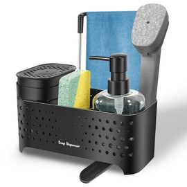 Dual Soap Dispenser Set for Kitchen Sink - 5-in-1 Organizer with Hand & Dish Soap Dispensers, Brush & Sponge Holder, Dishcloth Rail | Space-Saving Countertop Design, Black