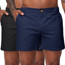 Oymyakon Men's 6 Inch Shorts Casual Cotton Flat Front Chino Shorts Summer Elastic Waist Pull On Short with Pockets Black+Navy L