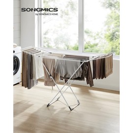 SONGMICS Clothes Drying Rack, Metal Laundry Drying Rack, Foldable, Space-Saving, Free-Standing Airer, with Gullwings, Indoor Outdoor Use, Bed Linen Clothing, White ULLR540W01