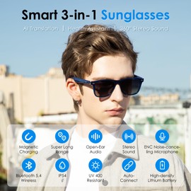 GetD Smart Sunglasses, Square Polarized Lens Bluetooth Glasses for men and Women with Speaker, Music Glasses Audio (Blue Frame+Gradient Lens)