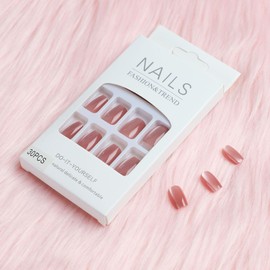 Press On Nails, Cat Eye‘s Beauty Pattern in Glue on Nails, Fake Nails, Stick On Nails, Short Almond Square Shape on 24PCS (Pink)