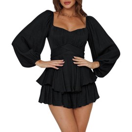 Ahtyeo Women's Casual Off Shoulder Romper Double Layer Ruffle Hem Waist Tie Short Jumpsuits Long Baggy Sleeves Mini Dress (Black,Large)