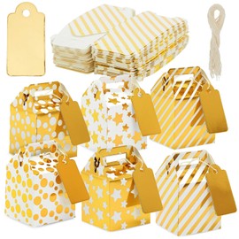Juvale Party Favor Boxes - 36 Mini Gold 2 x 2 x 2 in With Tags & Strings - 3 Patterns Polka Dot, Stars & Stripes - Paper Packaging for Wedding & Birthday Truffles