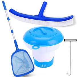WISHDIAM 6 PCS Pool Cleaning Kit Contain Pool Net with Pole, Swimming Pool Brush, Ch Lorine Floater Dispenser, Skimmer Basket Hook with Handle