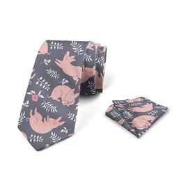 Lunarable Pigs Men's Tie Set, Pig Animals Sleeping and Playing Among Leaves and Blossoms, Necktie Set Groom Handkerchief for Parties Weddings & All Occasions, Coral Pink and Grey