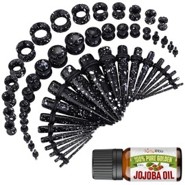 BodyJ4You 54PC Ear Stretching Kit 14G-12mm - Aftercare Jojoba Oil - Black White Splatter Acrylic Plugs Gauge Tapers Silicone Tunnels - Lightweight Expanders Men Women