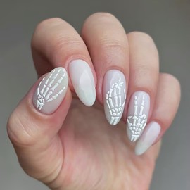 White Press on Nails Glossy Fake Nails with Designs Almond Glue on Nails Medium Length False Nails Full Cover Stick on Nails Reusable Artificial Nails Almond Shape Nail Tips for Women Girls Nail Art
