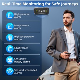 Upgraded Tire Pressure Monitoring System, Solar Power TPMS Tire Pressure Monitor with 4 External Sensors, Detached Bracket, Installed on Windowshield, Real-Time Display, 5-87PSI for Car RV SUV MPV