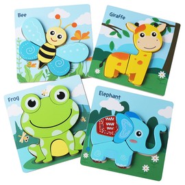 Wooden Jigsaw Puzzles for Toddlers, 4Pcs Animal Puzzle Jigsaw Set Early Learning Baby Kids Educational Toys Gifts for 1/2 / 3/4 Year Old for Boys Girls Children - Best Gift