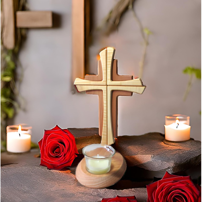 Tea Light Holder with Cross Beechwood in Modern Style