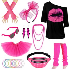 80s Fancy Dress for Women 80s Accessories with 80s T Shirts,Tutu,Glasses,Bumbag,Fishnet Gloves,Leg Warmers,Necklace for Women 1980s Costume Outfits Retro Neon 80s Party Fancy Dress Up Pink01 2XL