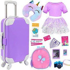 ZITA ELEMENT 16 pcs Doll Accessories Suitcase Travel Luggage for 18 Inch Doll Travel Carrier,Sunglasses Camera Computer Phone Pad Pillow Blindfold Passport Ticket Cash(Doll Not Included)