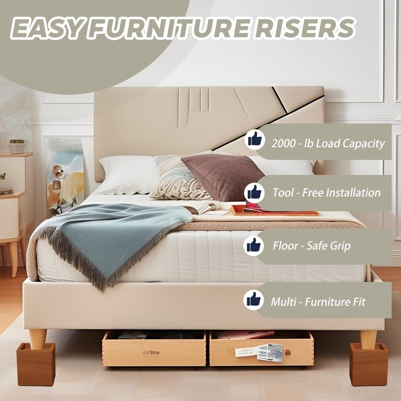 TomGear 4-Inch Solid Pine Furniture Risers – 2000LBS Capacity, Tool-Free
