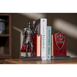 Amoysanli Medieval Armored Warrior Bookends for Shelves, Samurai Bookends for Heavy Books, Book Kends Ornament Decorations for Office Home (Iron&Red)