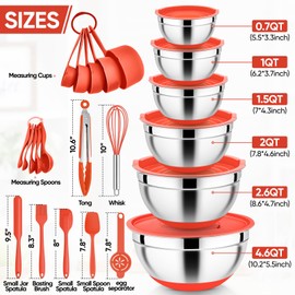 E-far Mixing Bowls with Lid Set, 25PCS Stainless Steel Nesting Prep Bowls with Grater Attachments Utensils Non-Slip Bottoms for Cooking, Baking, Serving, Food Storage, 4.6/2.6/2/1.5/1/0.7QT - Red