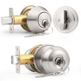 Probrico Keyed Alike Round Ball Entry Door Knob and Single Cylinder Deadbolt Set, Satin Nickel, 1Pack