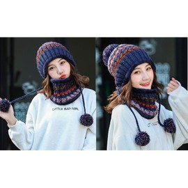 Bobble Hat And Loop Scarf Set For Women Girls Warm Knitted Pom Hat Interior Thick Fluff Winter Warm Ladies Bobble Hat Loop Scarf Set