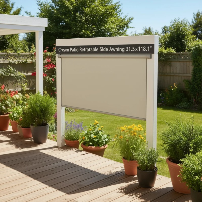 Cream Patio Retractable Side Awning 31.5x118.1 Inch Wall Mounted Manual