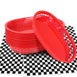 Hslife 120 Sheets Black Checkered Deli Liners and 12 Red Fast Food Baskets, Classic Deli Baskets with Red Checkered Dry Waxed Deli Paper(12'')