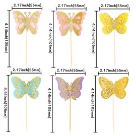 24 piezas de decoración para magdalenas de mariposas montadas con purpurina, doble capa, huecas, mariposas 3D, decoración de tartas para baby shower, bodas, compromisos, despedidas de soltera, fiestas de cumpleaños, suministros dorados
