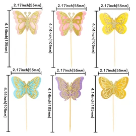 24 piezas de decoración para magdalenas de mariposas montadas con purpurina, doble capa, huecas, mariposas 3D, decoración de tartas para baby shower, bodas, compromisos, despedidas de soltera, fiestas de cumpleaños, suministros dorados