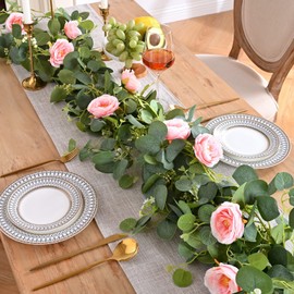 DIRXVMC 6.5Ft Eucalyptus Garland with Roses Artificial Fake Flowers Greenery Garland Floral Vines for Decoration Party Wedding Table Indoor Outdoor Backdrop Wall Decor (Pink, 4 Pack)