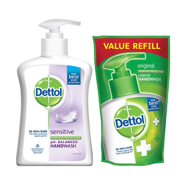 Dettol Liquid Sensitive Handwash - 200 ml with Free Dettol Original Liquid Hand Wash Pouch - 175 ml (Any Variant)