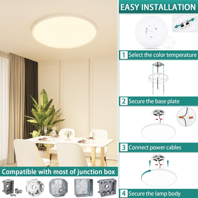 12Inch LED Ceiling Lights Flush Mount, Dimmable 3000K 4500K 6000K