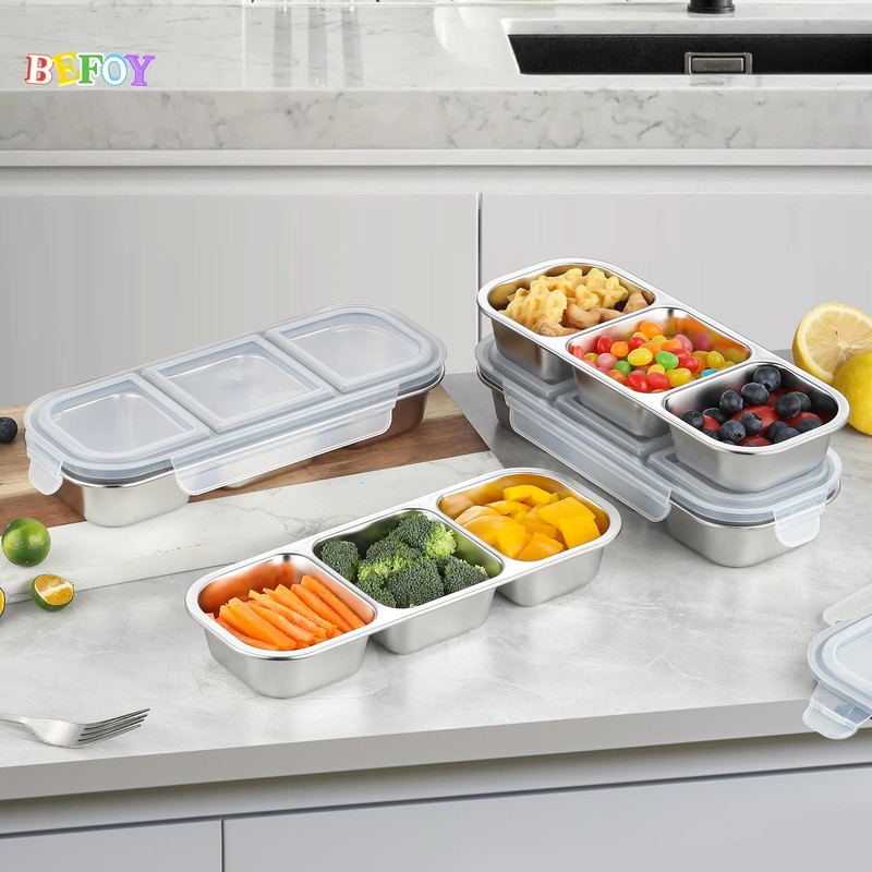 Stainless Steel Snack Containers with Lids- 3 Compartments Bento Lunch