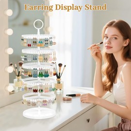 MODOWEY 5 Tier Rotating Earring Holder Organizer, Adjustable Metal & Plastic Stand Tree with 285 Grooves for Stud Hoop Pierced Dangle Display, Decluttered & Space-Saving Storage Rack for Women, White