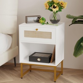 JOONEE Rattan Nightstand,Farmhouse Modern Boho Bedside Table with Storage Drawer and Open Shelf,Small Gold Frame Side End Table for Bedroom,Living Room,Office(White)