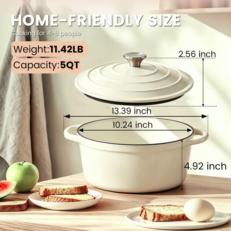 5 Qt Enameled Cast Iron Dutch Oven with Lid, Cream