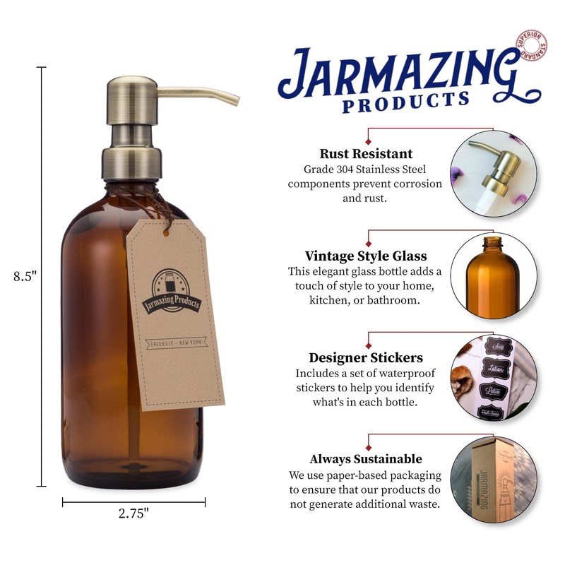 Amber Glass Bottle Soap and Lotion Dispenser with Brass Pump