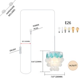 JC TOPA 2 Pack Pendant Light Fixtures, 1-Light Plug in Capiz Shell Chandeliers with ON/Off Switch for Kitchen Island, Dining Room, Bedroom Room, Coastal House, White and Blue