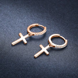 Cuoka Cross Hoop Earrings 925 Sterling Silver Rose Gold Cross Huggie Hinged Earrings Cubic Zirconia Cross Dangle Earrings Delicate Christ Cross Earrings Jewelry for Women