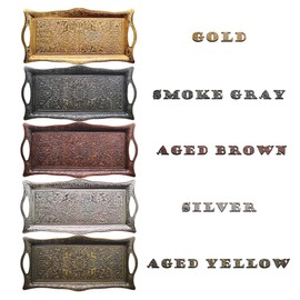 Metal Serving Tray with Raised Edges, Vintage Design Tray, Rectangular Metal Serving Tray, Decorative Serving Platter, Turkish Ottoman Coffee Tea Beverage Serving Square Tray (Aged Yellow)