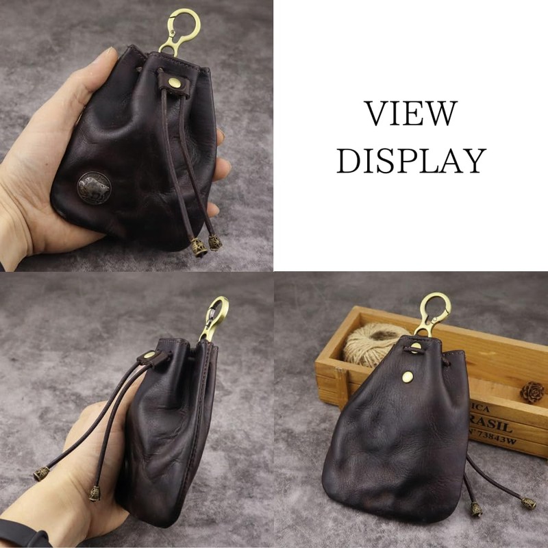 PLEAVIT Coin Purse Leather Men's Wallet with Drawstring Pouch and