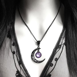LOOKLITE Gothic Witch Moon Necklace for Women,Purple Moon Crystal Pendant Necklace Vintage Punk Dark Crescent Necklaces Whimsy Goth Jewelry Halloween Witch Costume Accessories