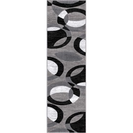 Well Woven Grey Geometric 3x10 Runner Rug Easy-Clean Durable for Corridors & Long Spaces Modern Abstract Circles Design