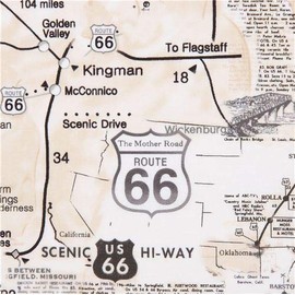 Beige map Route 66 Sign Text Fabric by Timeless Treasures (per 0.5 Yard Unit)