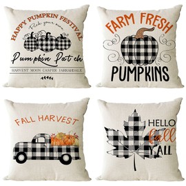 Set of 4 Fall Pillow Covers 16x16 Inch Thanksgiving Decor Throw Pillows Covers Plaid Pumpkins Autumn Leaves Decorative Home Outdoor Sofa Couch Pillow Cases for Fall Theme Decorations (16 by 16)