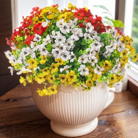 VEOAY 12 PCS Outdoor Artificial Flowers Plastic Fake Greenery Shrubs for Decoration 3 Colors Fake Flowers Realistic Faux Flowers Shrubs for Outdoor Planters Box(White, Red, Yellow)