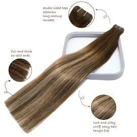 Hair Extensions Tape In Human Hair Soft Straight Hair Seamless Tape Skin Weft Extensions Balayage Ombre Mushroom Brown Hair Extensions 16Inch Real Hair Thickend Full End 50g 20PCS #MB